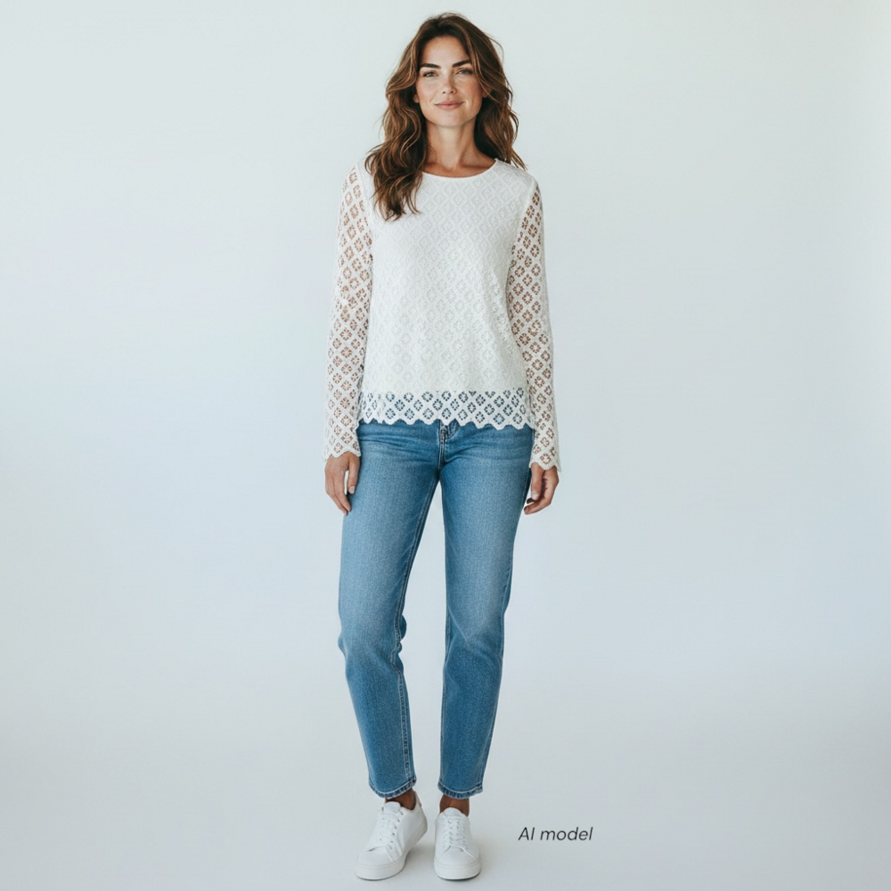 J McLaughlin Shirt Women Small White Diamond Lace Eyelet Cottagecore Scallop Hem